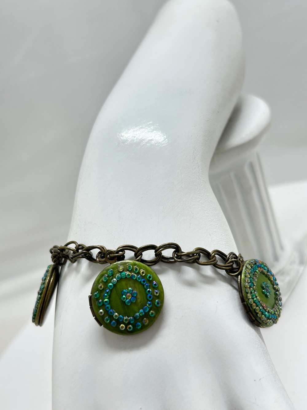 Vintage Antiqued Gold Charm Bracelet With 5 Green Enamel And Crystal Lockets
